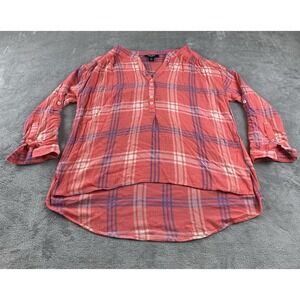 Nine West Women's Blouse M. Coral Blue Plaid Light Casual C41
